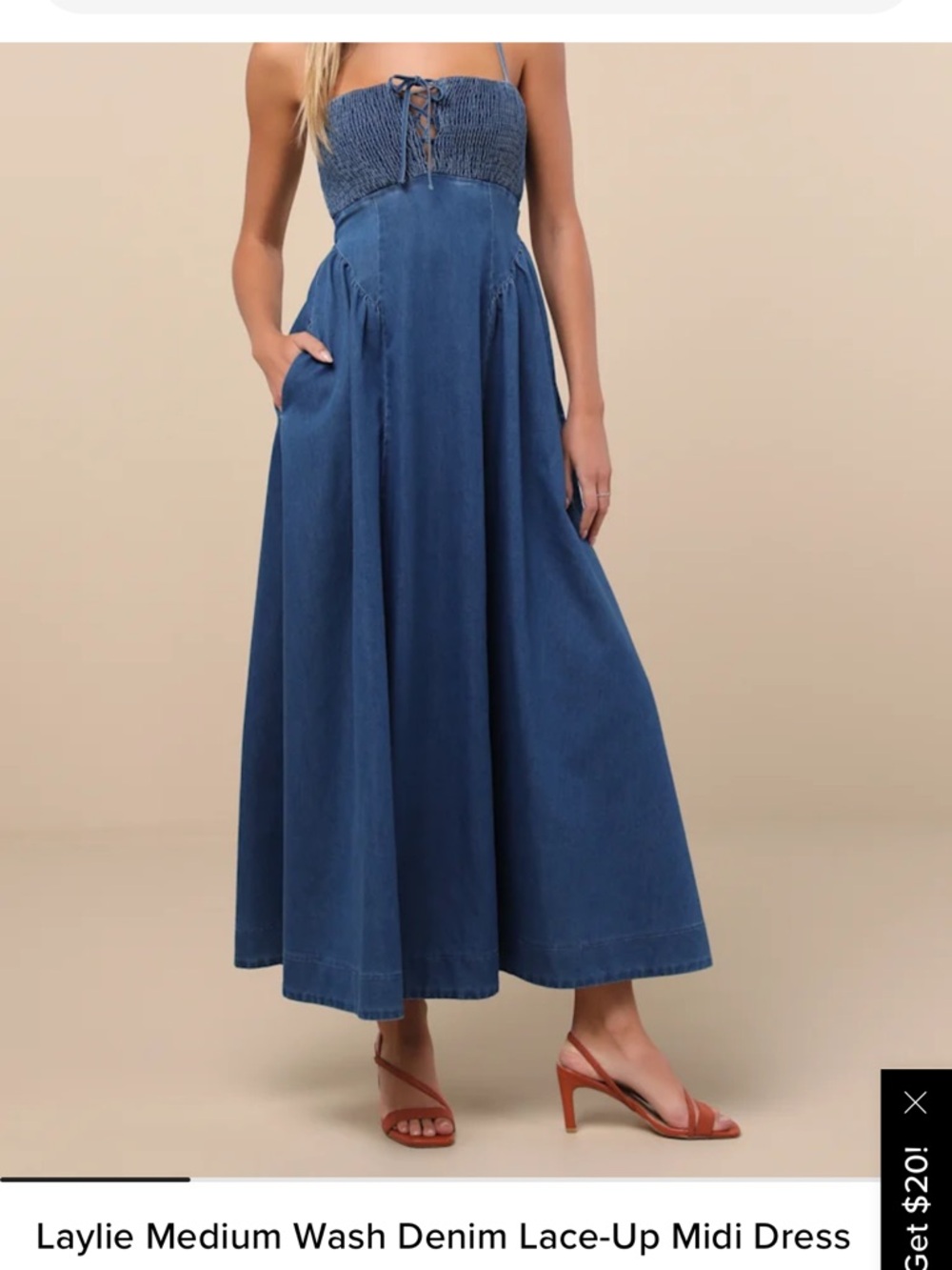 Lulu's Laylie Medium Wash Denim Lace-Up Maxi Dress - Blue